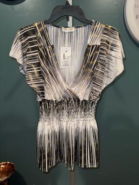 Women’s Surplice Smocked Waist Blouse - Black, White & Gold Accent